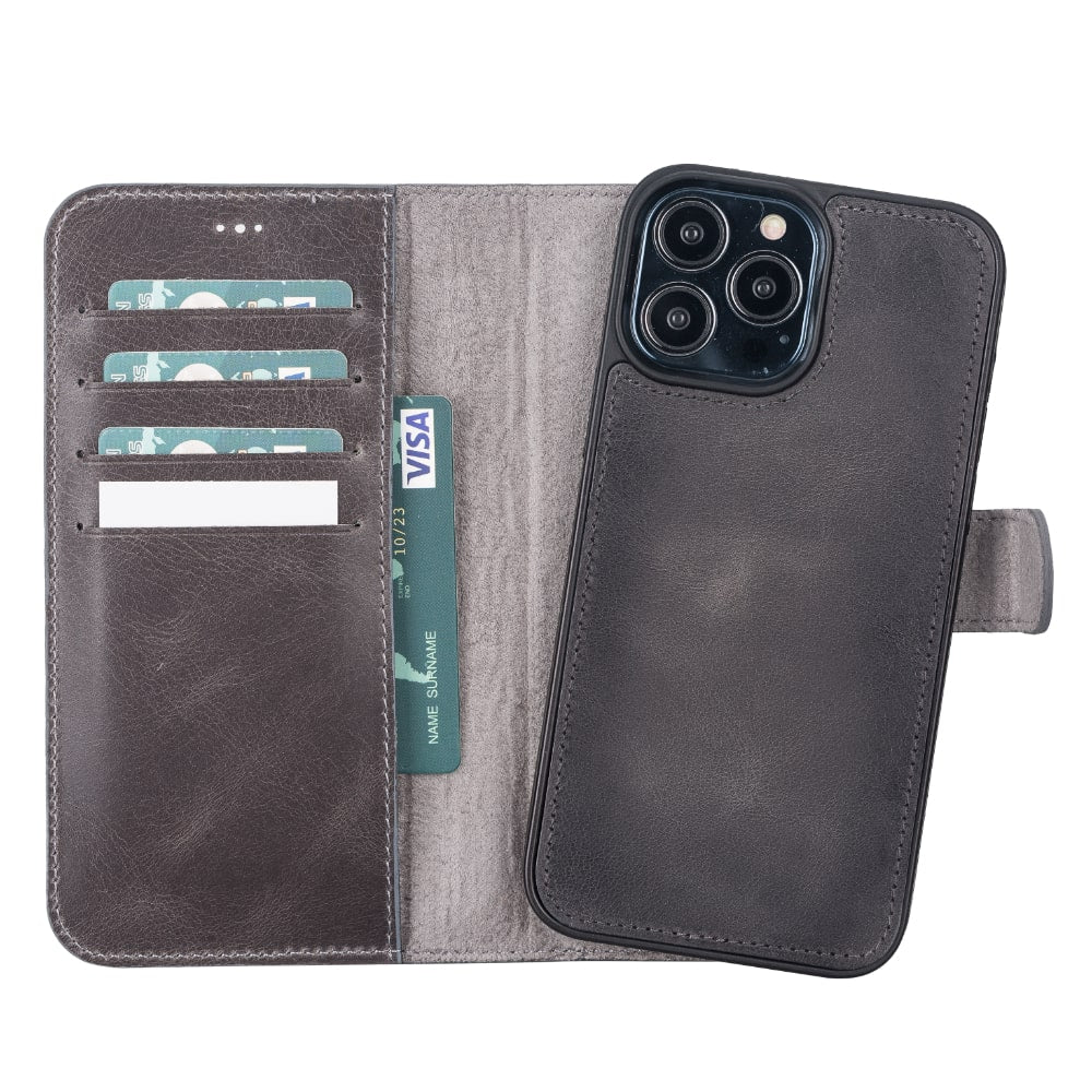 Rostar Vintage Black Leather iPhone 13 Pro Max Detachable Bi-Fold Wallet Case with MagSafe & Card Holder - Bomonti - 4