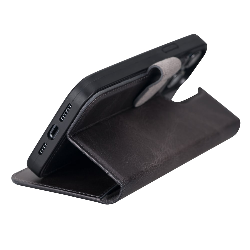 Rostar Vintage Black Leather iPhone 13 Pro Max Detachable Bi-Fold Wallet Case with MagSafe & Card Holder - Bomonti - 7